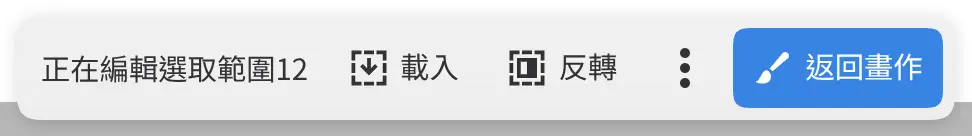 編輯中的選取範圍圖層的畫布操作欄,包含載入、反轉和返回畫作。