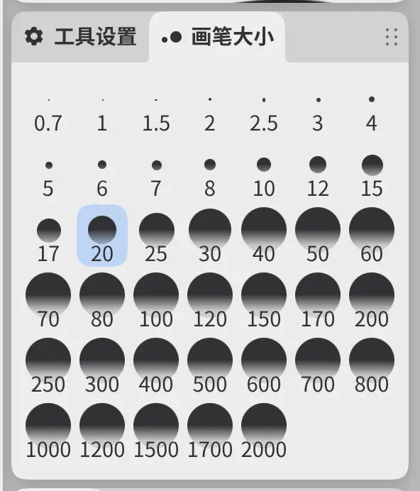 画笔大小面板及其大小按钮网格。