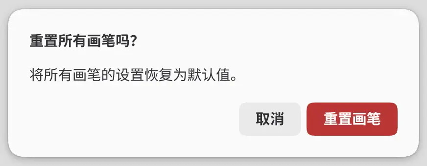 “重置所有画笔吗?”对话框,带有重置画笔按钮。