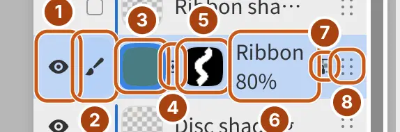 Ribbon 的图层行,带有蒙版,锁定透明度已打开,不透明度为 80%。