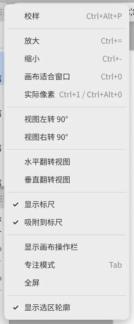 视图菜单,包含缩放、旋转和翻转命令。