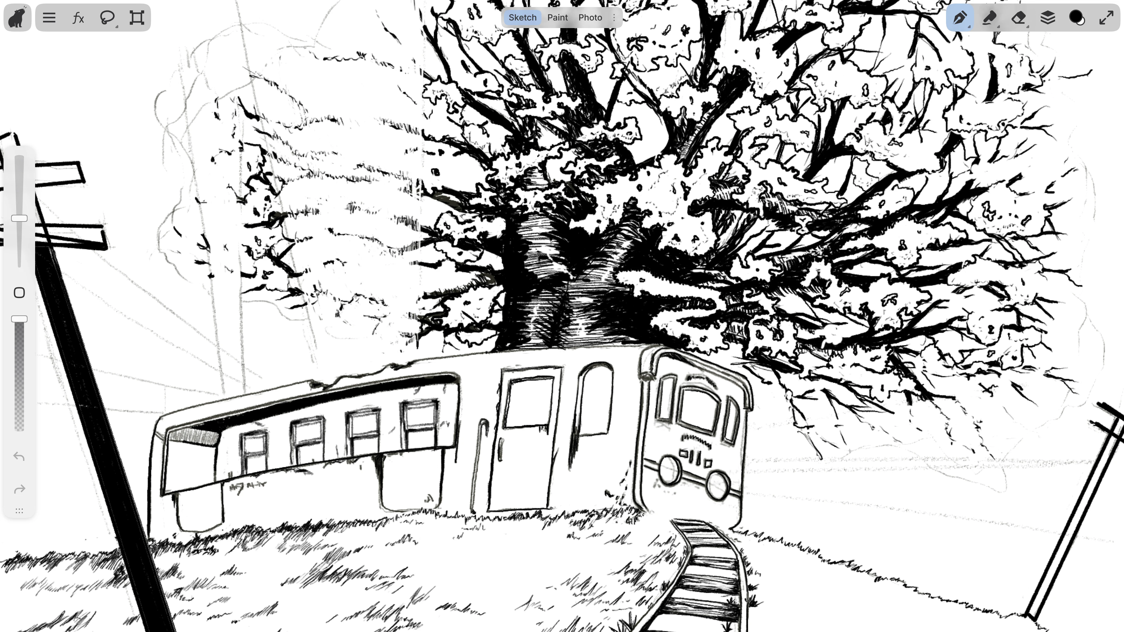 An ink drawing of a train beneath a large tree in the Sketch workspace, where the drawing fills the screen and a few tools sit at the edges.