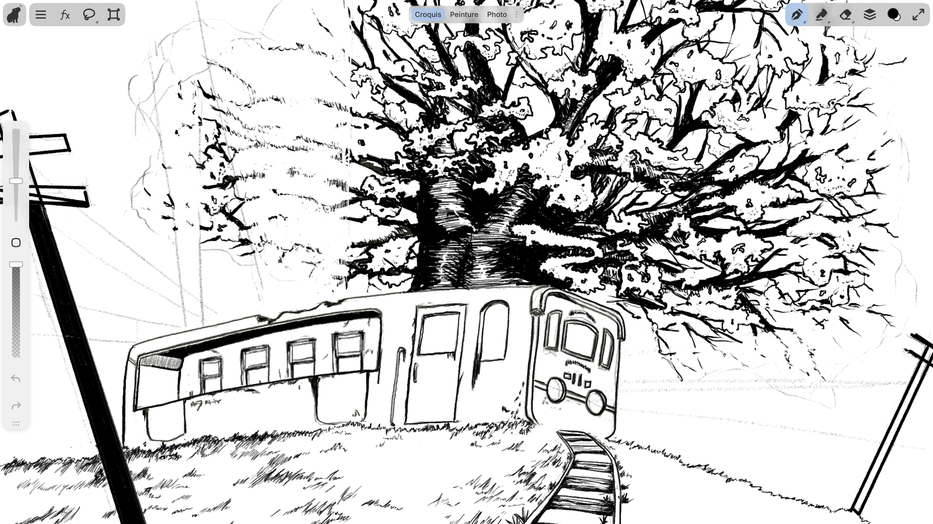 Un dessin à l'encre d'un train sous un grand arbre dans l'espace de travail Sketch, où le dessin remplit l'écran et quelques outils se trouvent sur les bords.