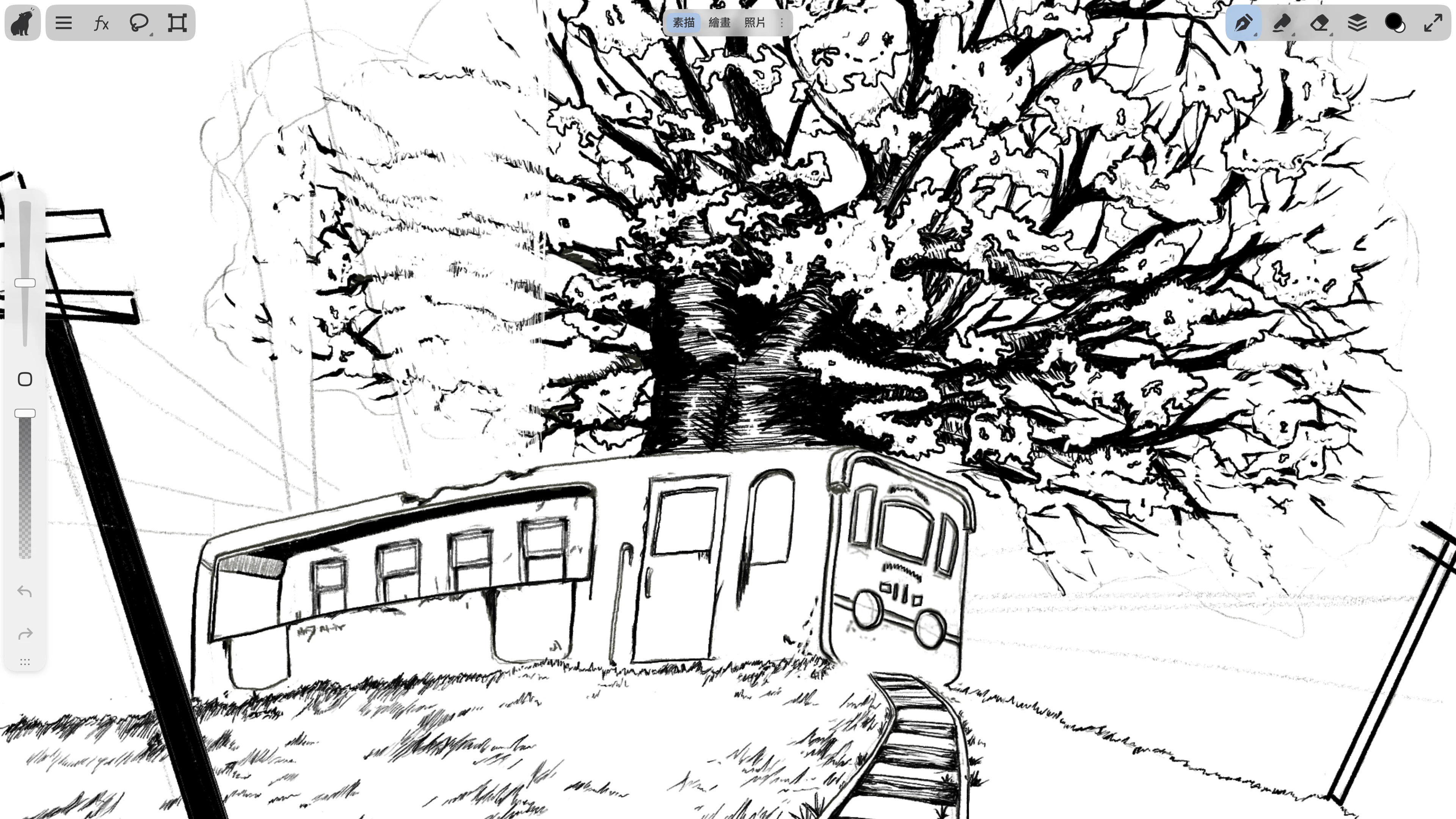 Sketch工作區中的一幅鋼筆畫：大樹下的一節電車。畫面鋪滿整個螢幕，少量工具位於螢幕邊緣。
