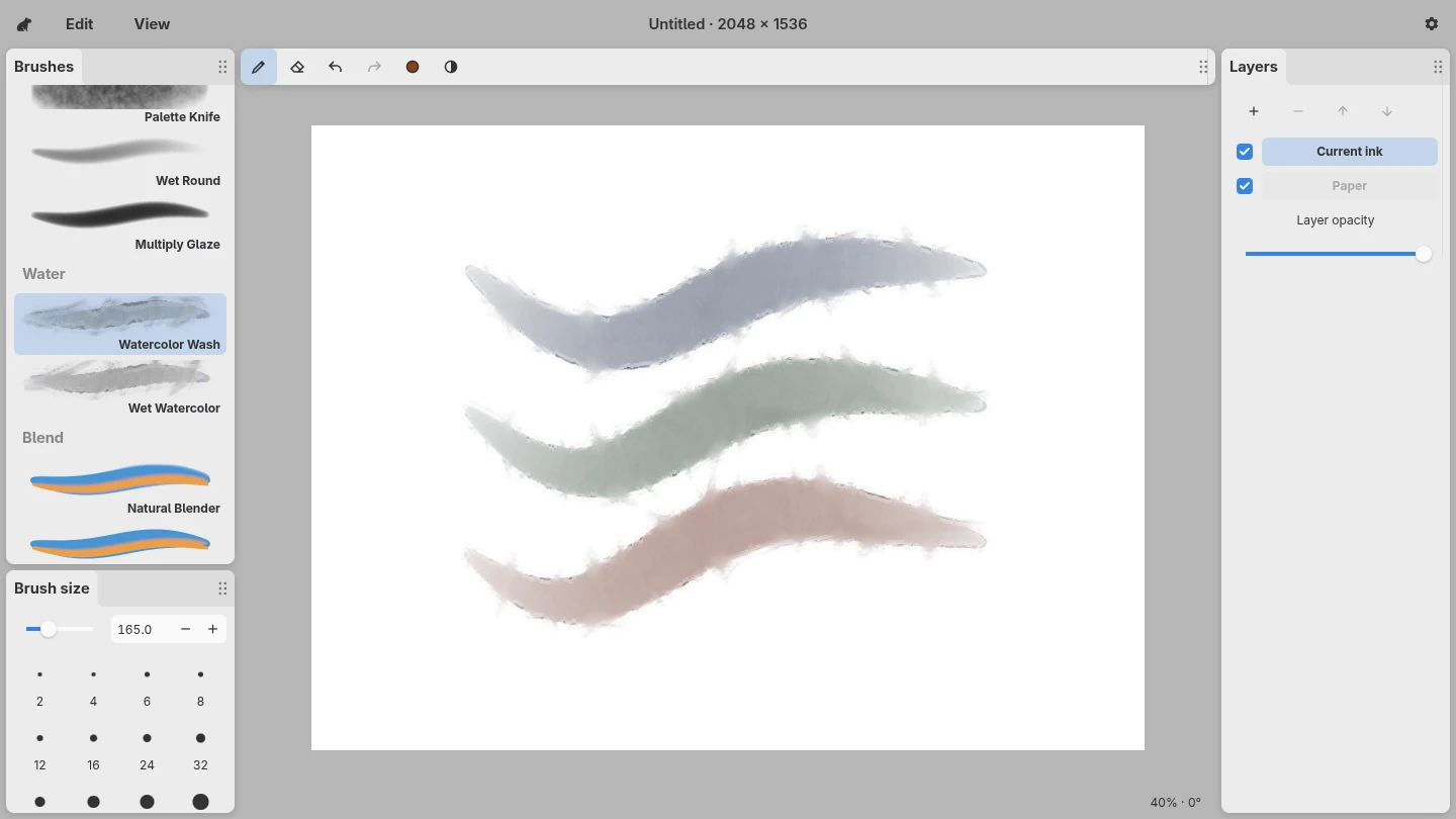 Capy Canvas’s drawing workspace with three pressure-sensitive watercolor strokes.